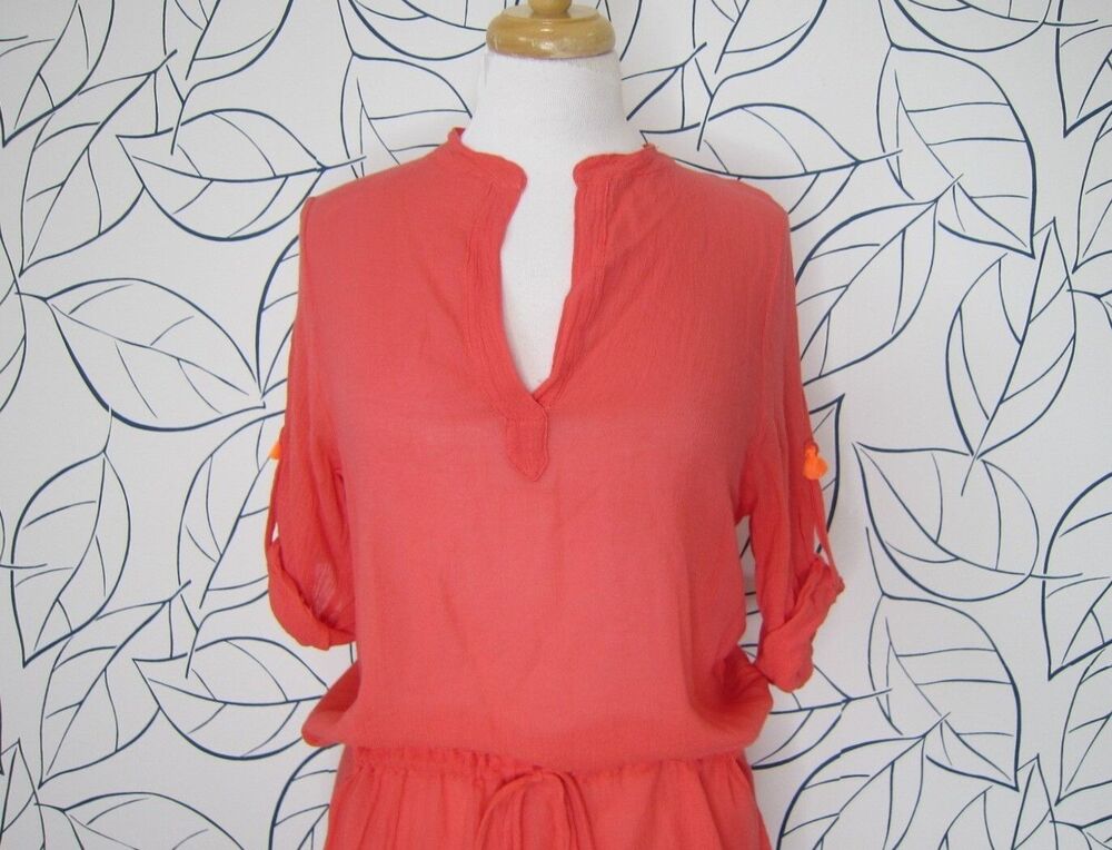 Eberjey Tunic Top Cover Up Roll Tab Sleeves Drawstring Waist Size S/M Salmon - Picture 2 of 8
